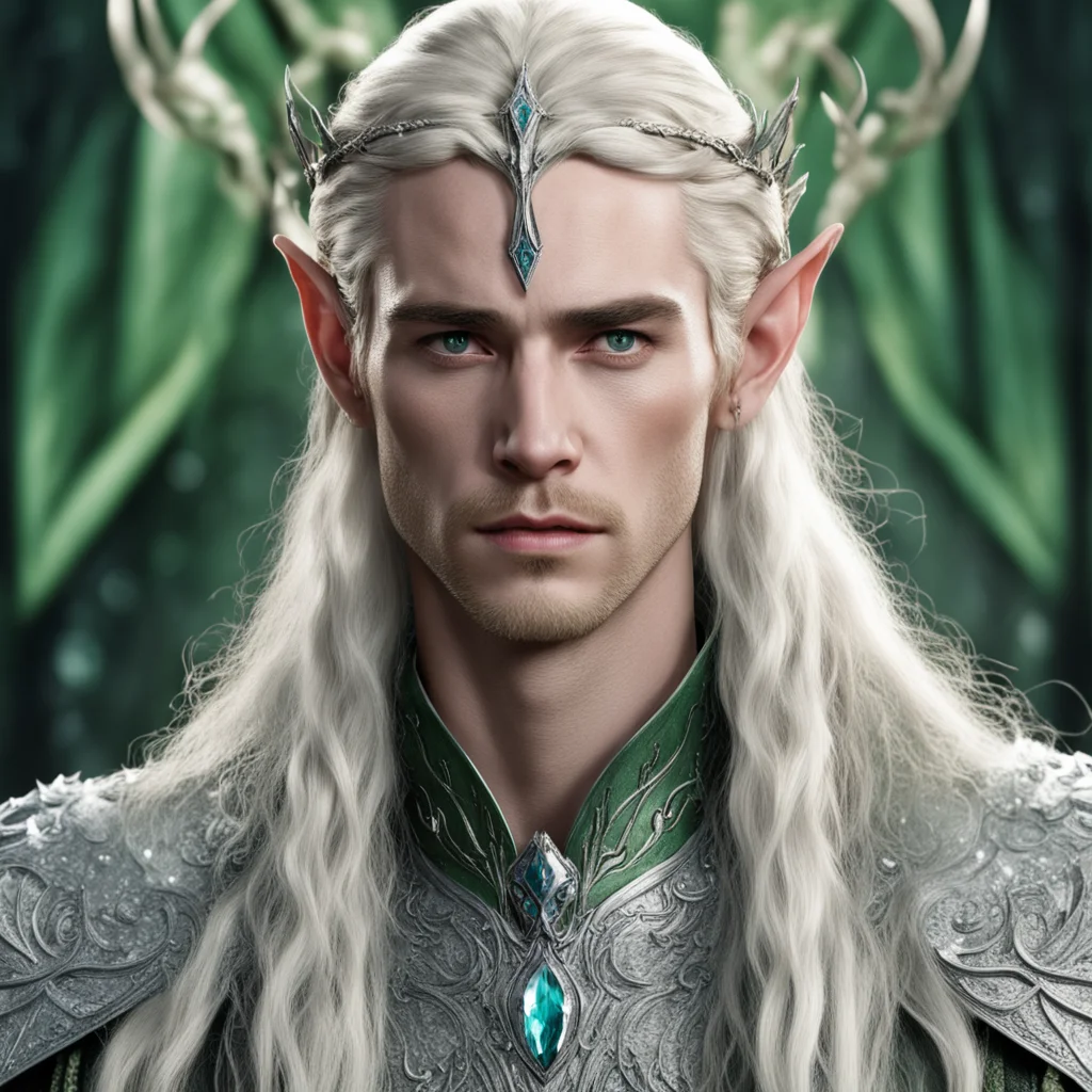 aiking thranduil with blond hair and braids wearing large front facing silver wood elven circlet encrusted with diamonds with large center greenish diamond