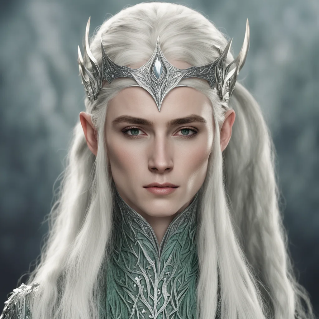 king thranduil with blond hair and braids wearing large silver elvish hair fork encrusted with diamonds with large central greenish diamond and with large silver elvish hair fork encrusted with diam