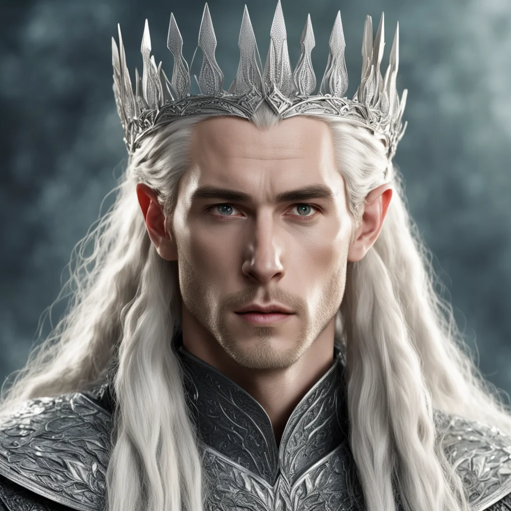 aiking thranduil with blond hair and braids wearing large silver elvish hair fork on crown of head with large diamonds amazing awesome portrait 2