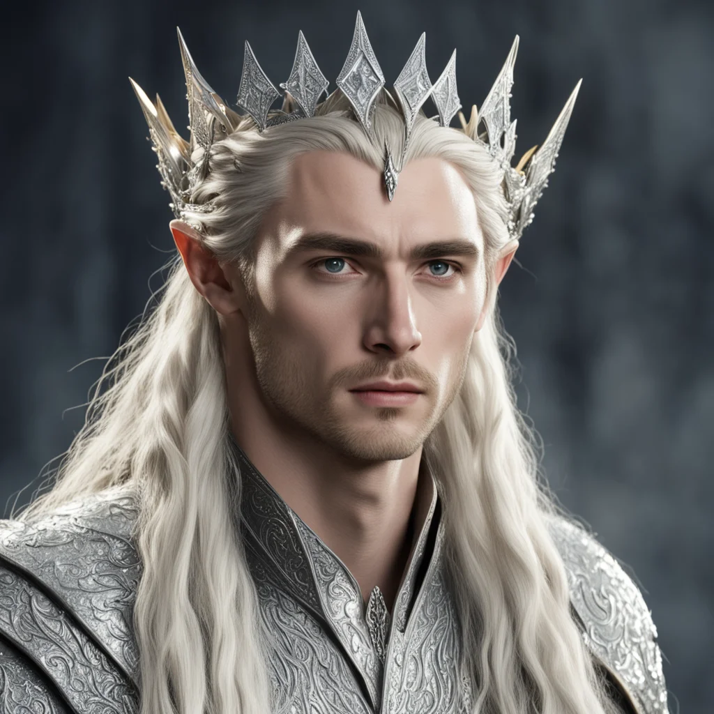 king thranduil with blond hair and braids wearing large silver elvish hair fork on crown of head with large diamonds confident engaging wow artstation art 3