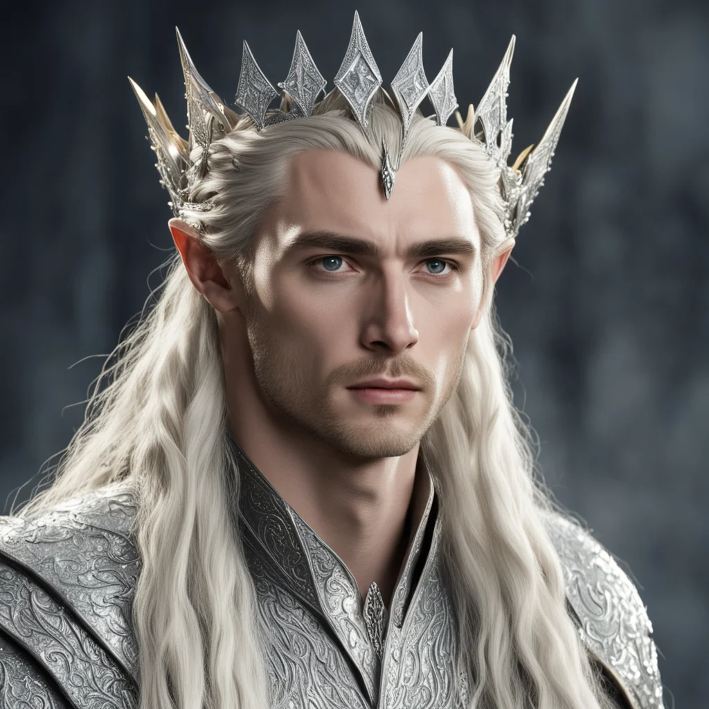 aiking thranduil with blond hair and braids wearing large silver elvish hair fork on crown of head with large diamonds confident engaging wow artstation art 3