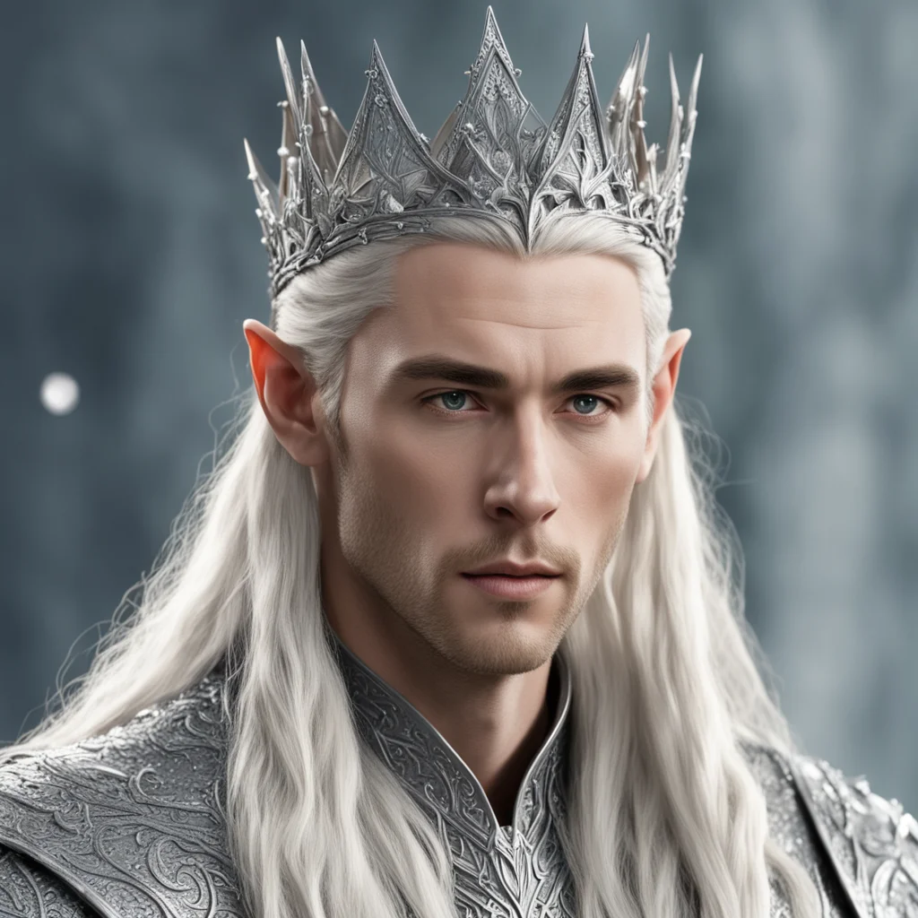 king thranduil with blond hair and braids wearing large silver elvish hair fork on crown of head with large diamonds good looking trending fantastic 1