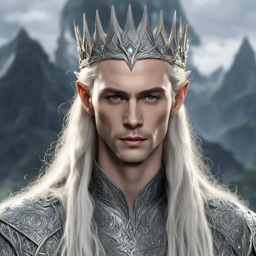 aiking thranduil with blond hair and braids wearing large silver elvish hair fork on crown of head with large diamonds