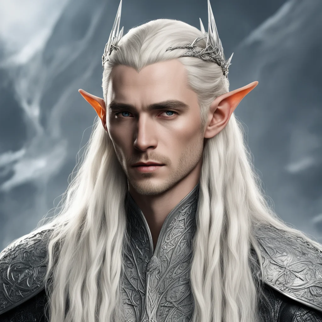 aiking thranduil with blond hair and braids wearing large silver elvish hair fork on top of head the large diamonds amazing awesome portrait 2