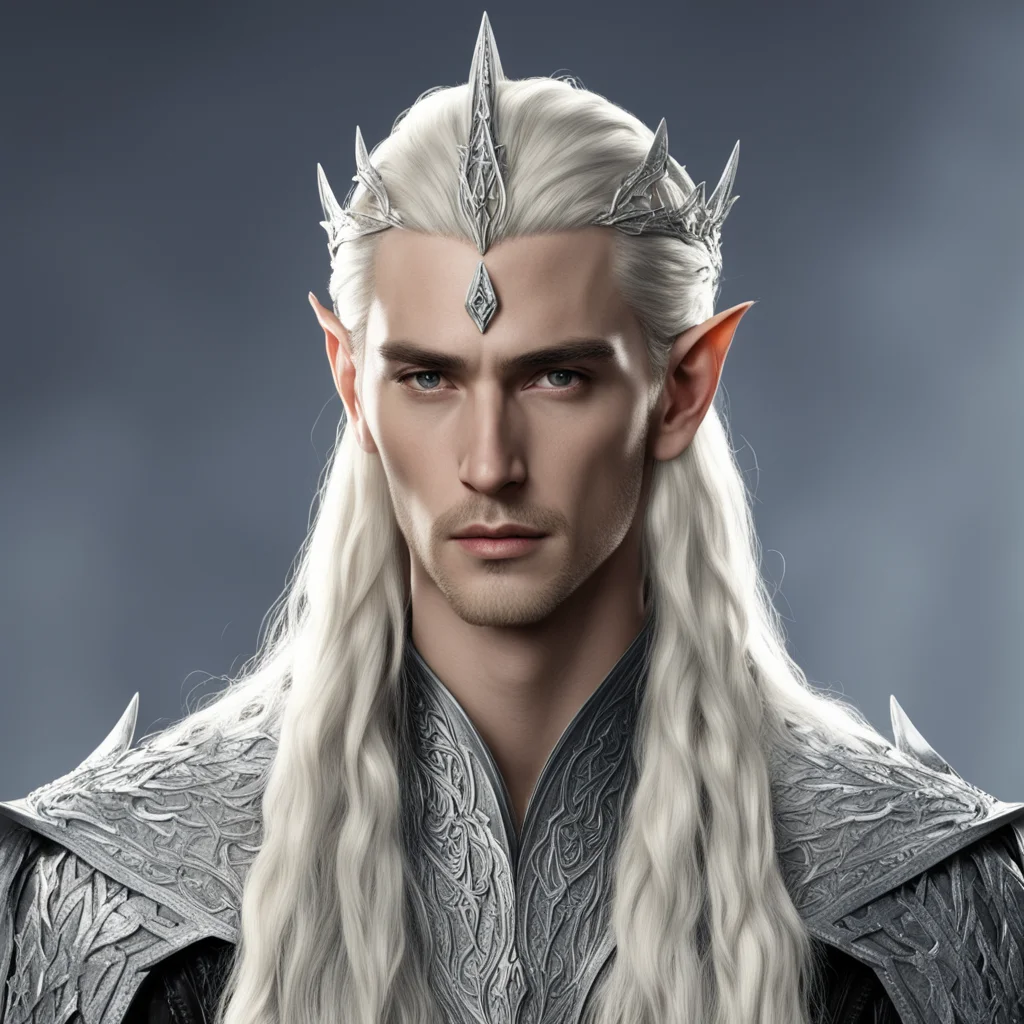 king thranduil with blond hair and braids wearing large silver elvish hair fork on top of head the large diamonds confident engaging wow artstation art 3