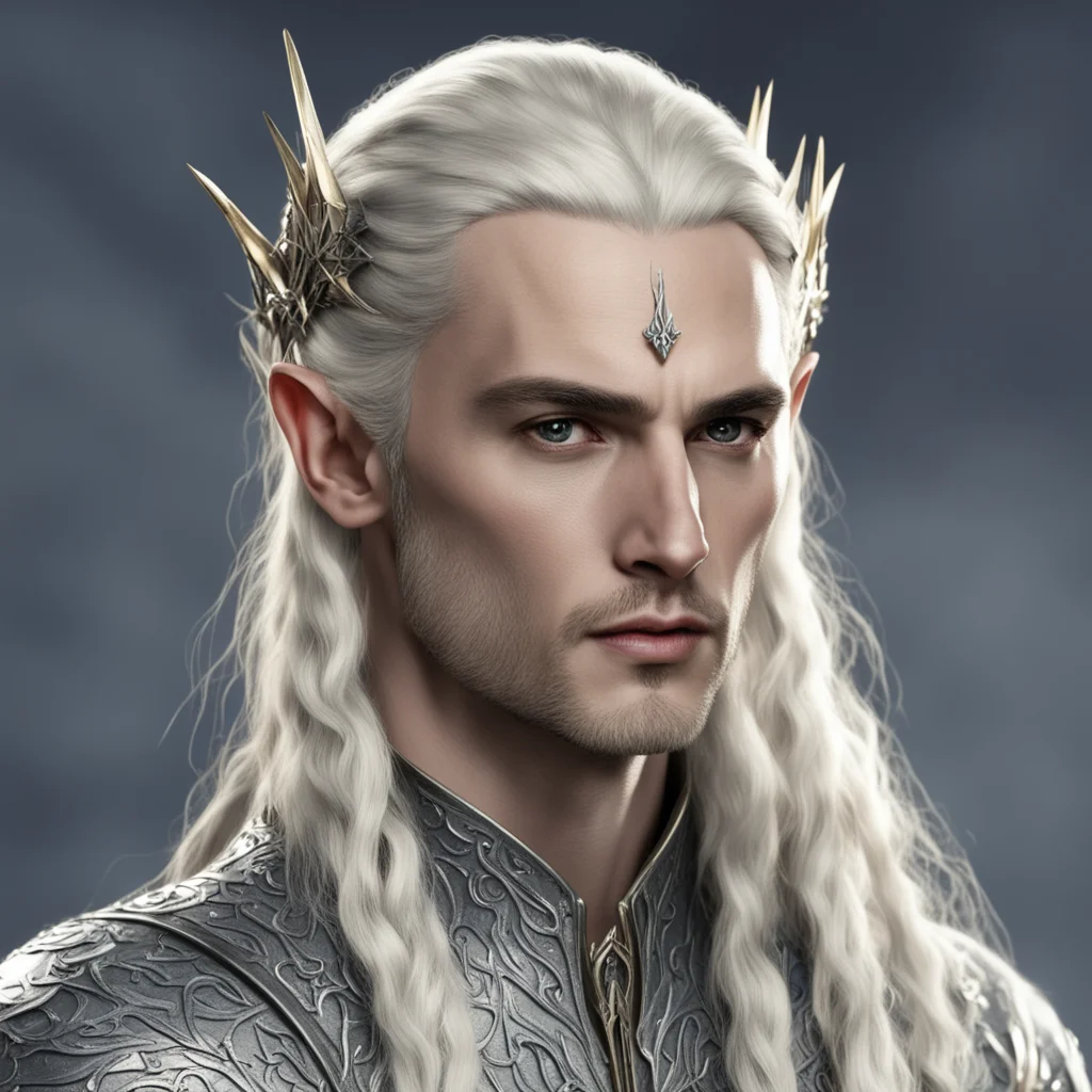 aiking thranduil with blond hair and braids wearing large silver elvish hair fork on top of head the large diamonds good looking trending fantastic 1