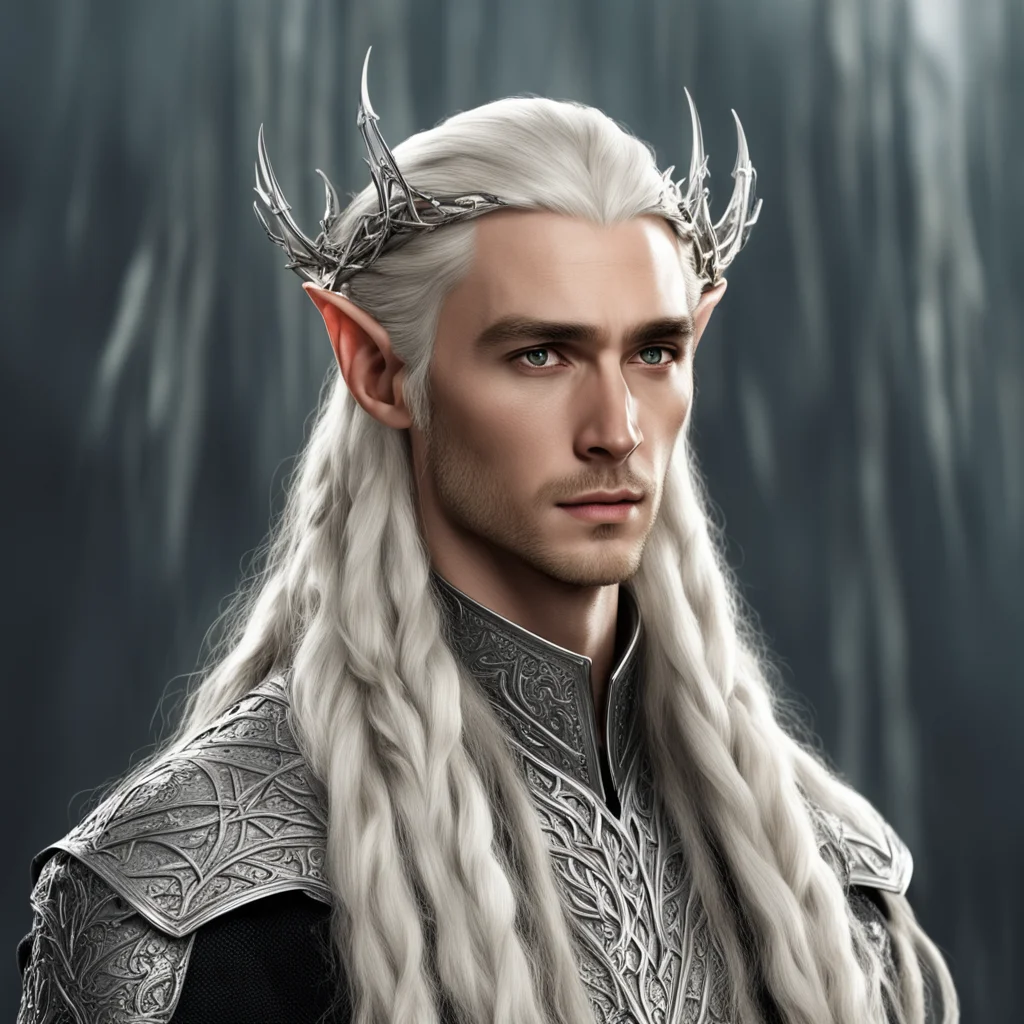 king thranduil with blond hair and braids wearing large silver elvish hair fork on top of head the large diamonds
