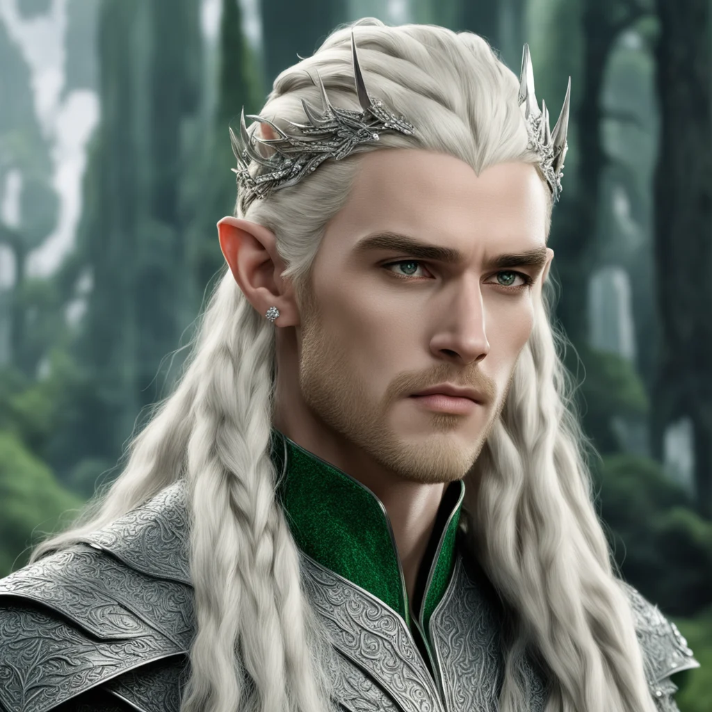 aiking thranduil with blond hair and braids wearing large silver elvish hair fork studded with diamonds over the forehead with large greenish diamond on the center