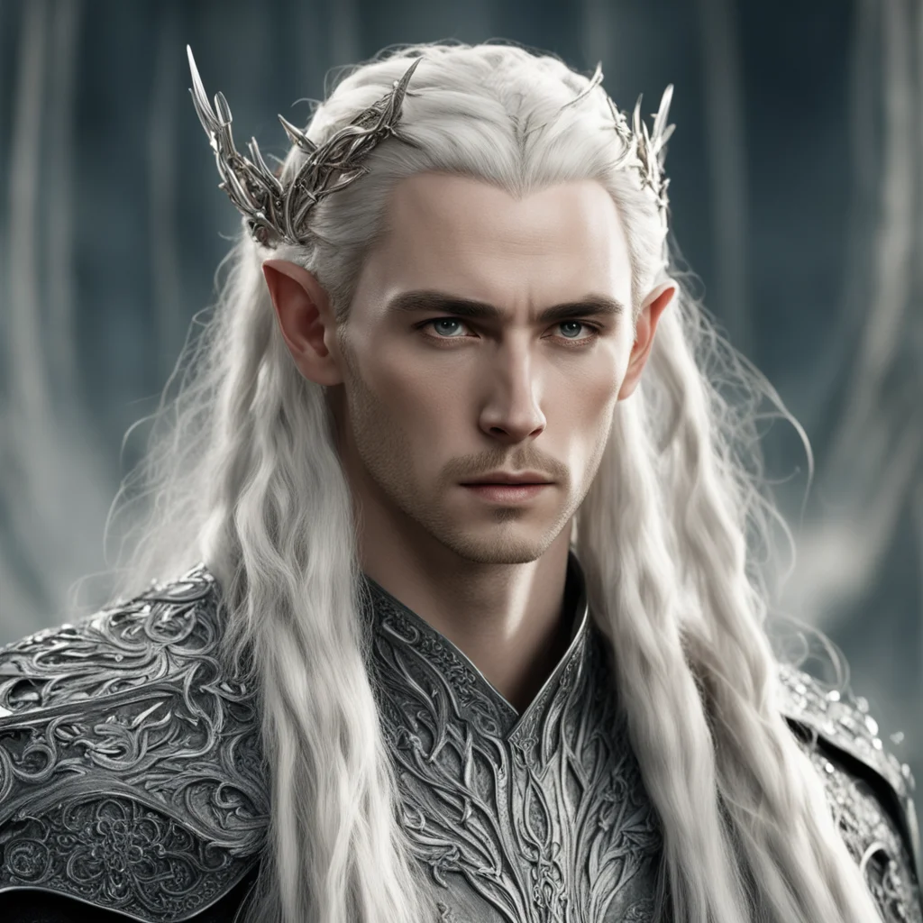 aiking thranduil with blond hair and braids wearing large silver elvish hair forks encrusted with diamonds  amazing awesome portrait 2