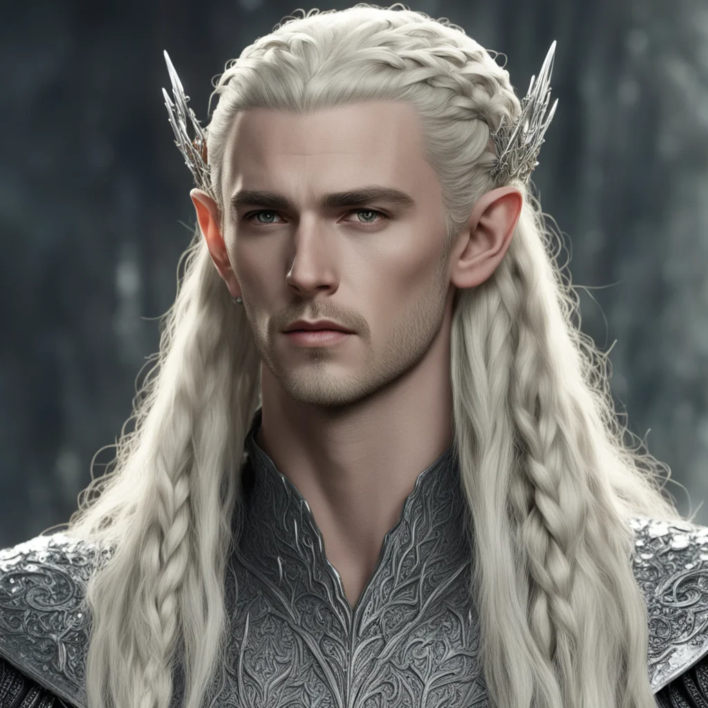 aiking thranduil with blond hair and braids wearing large silver elvish hair forks encrusted with diamonds  good looking trending fantastic 1