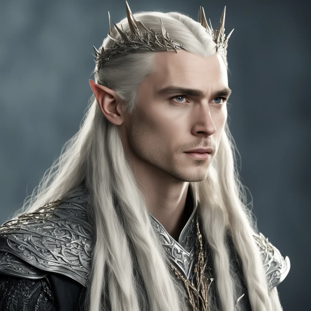 aiking thranduil with blond hair and braids wearing large silver elvish hair forks encrusted with diamonds 