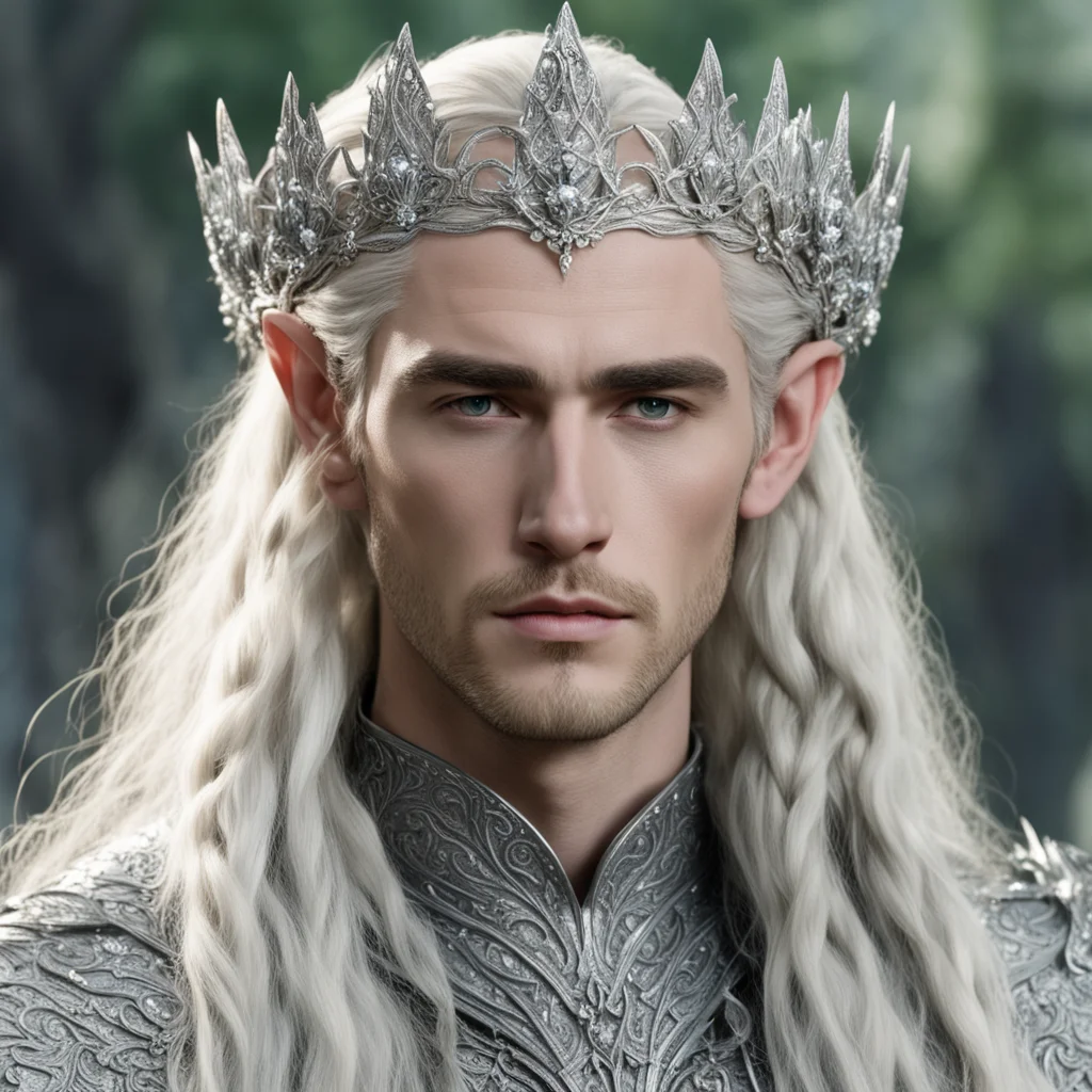 aiking thranduil with blond hair and braids wearing large silver flower elvish coronet encrusted with diamonds with large center diamond cluster amazing awesome portrait 2