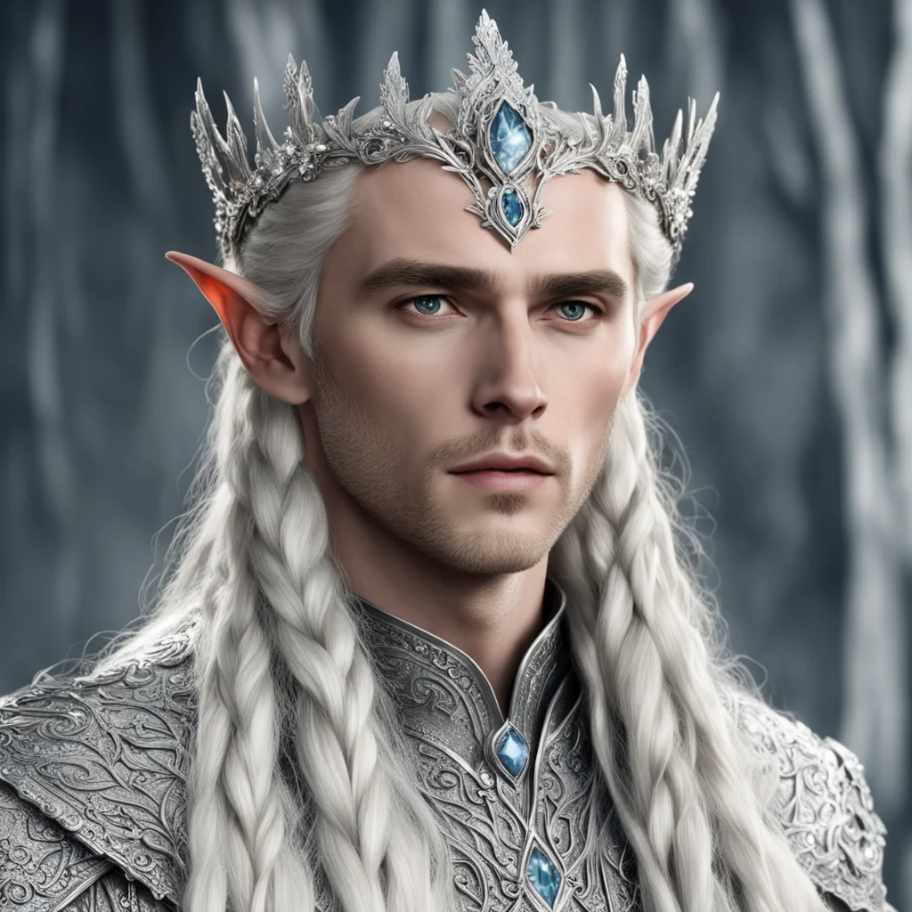 aiking thranduil with blond hair and braids wearing large silver flower elvish coronet encrusted with diamonds with large center diamond cluster good looking trending fantastic 1