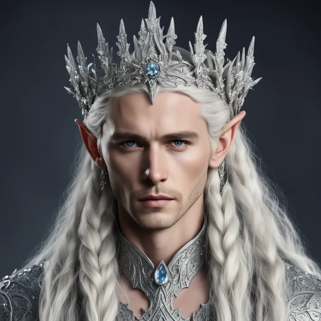 king thranduil with blond hair and braids wearing large silver flower elvish coronet encrusted with diamonds with large center diamond cluster