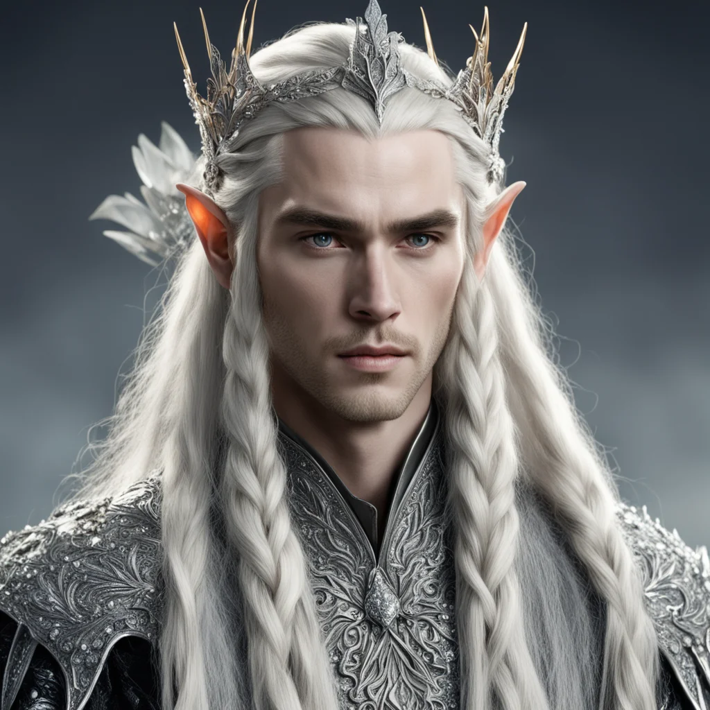 aiking thranduil with blond hair and braids wearing large silver flower elvish hair fork encrusted with large diamonds amazing awesome portrait 2