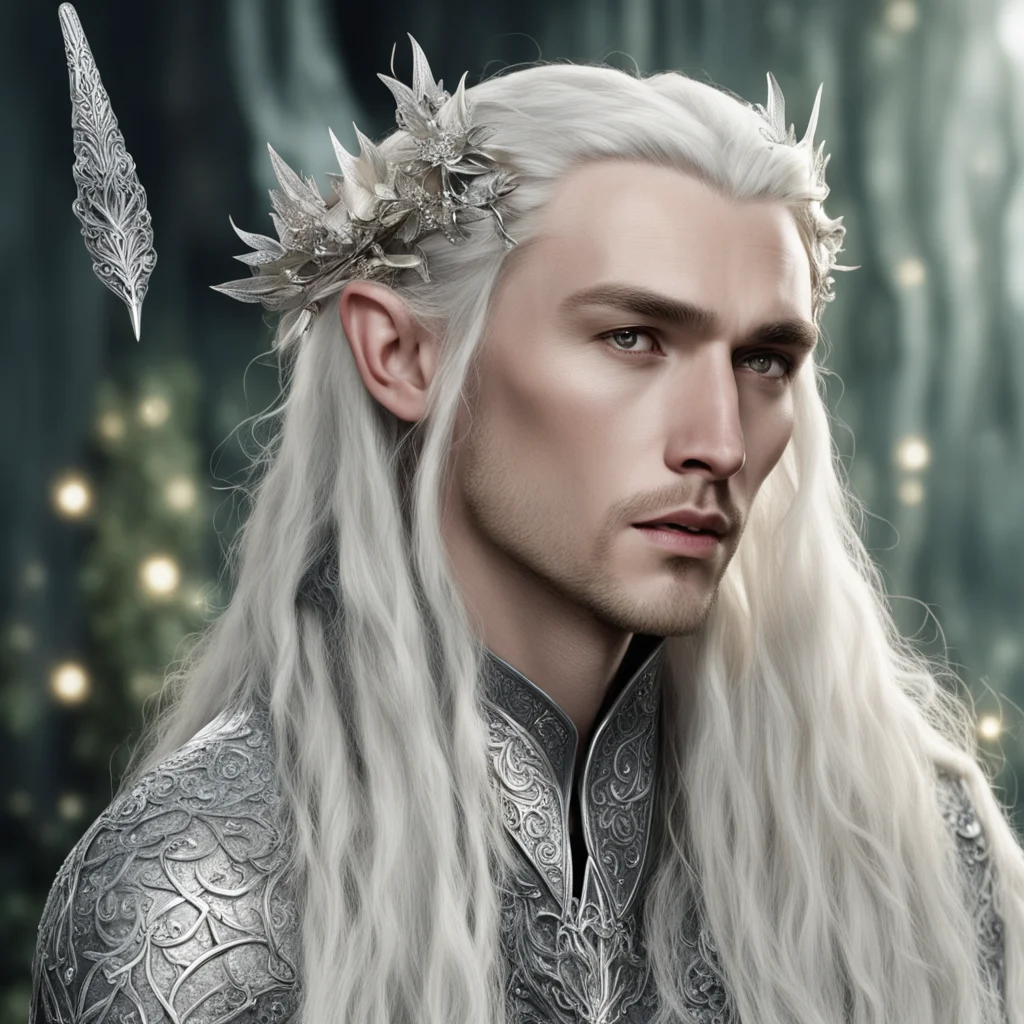 aiking thranduil with blond hair and braids wearing large silver flower elvish hair fork encrusted with large diamonds good looking trending fantastic 1