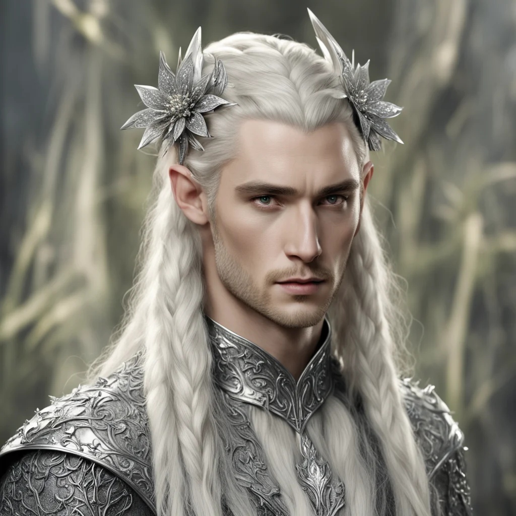 aiking thranduil with blond hair and braids wearing large silver flower elvish hair fork encrusted with large diamonds