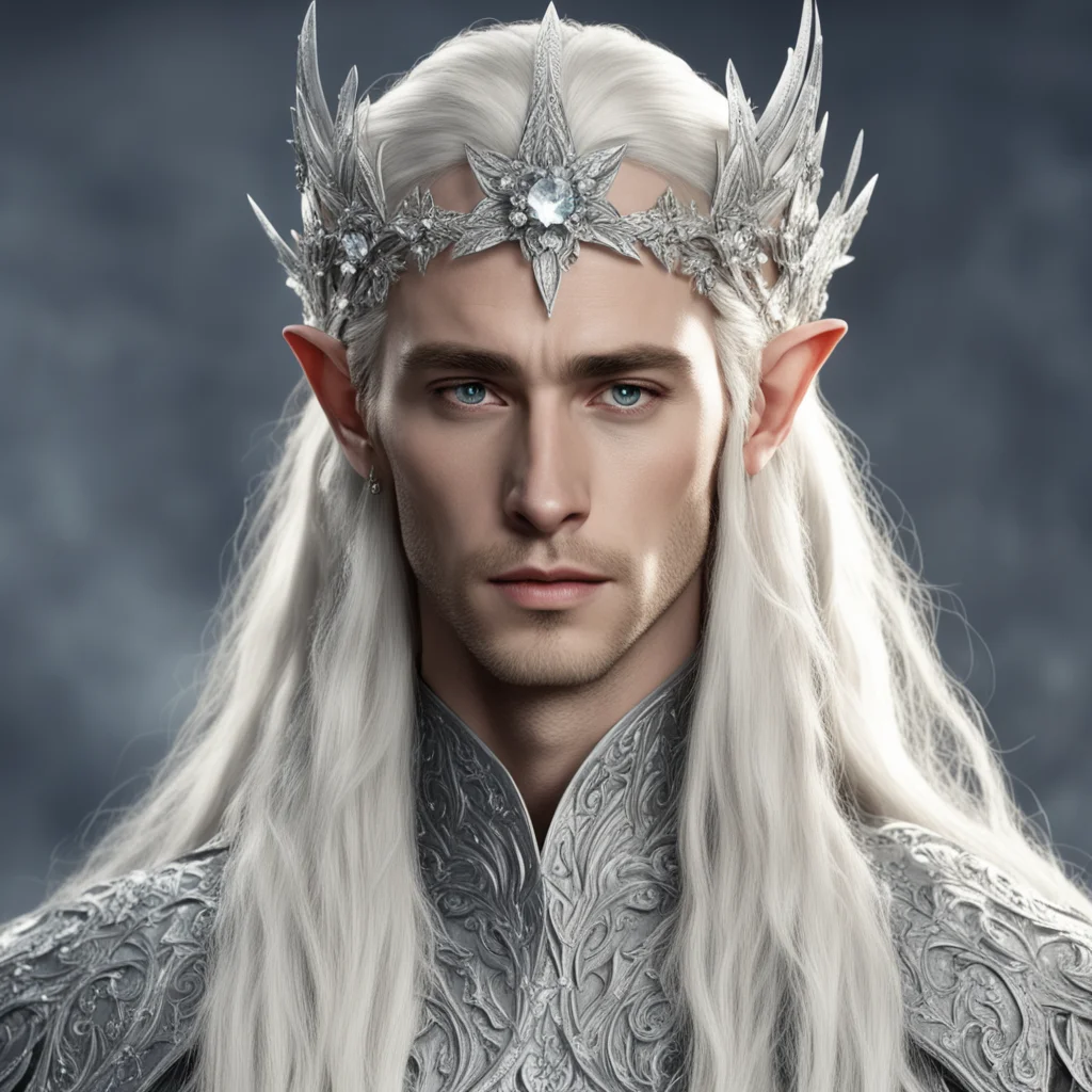 king thranduil with blond hair and braids wearing large silver flowers encrusted with diamonds connected to form a silver elvish circlet with large center diamond  amazing awesome portrait 2