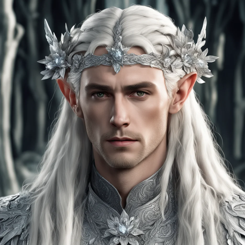 king thranduil with blond hair and braids wearing large silver flowers encrusted with diamonds connected to form a silver elvish circlet with large center diamond 