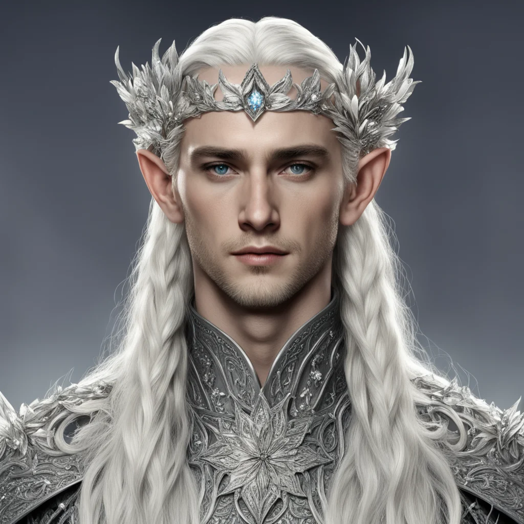 king thranduil with blond hair and braids wearing large silver flowers encrusted with diamonds to form silver elvish circlet with large center diamond amazing awesome portrait 2