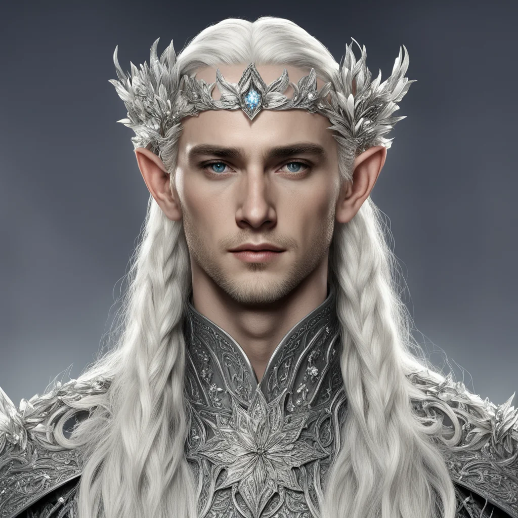 aiking thranduil with blond hair and braids wearing large silver flowers encrusted with diamonds to form silver elvish circlet with large center diamond amazing awesome portrait 2