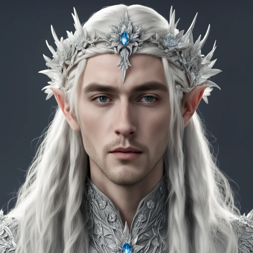 king thranduil with blond hair and braids wearing large silver flowers encrusted with diamonds to form silver elvish circlet with large center diamond confident engaging wow artstation art 3