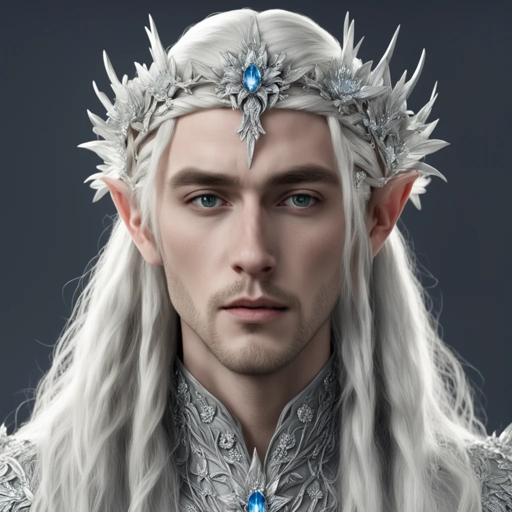 aiking thranduil with blond hair and braids wearing large silver flowers encrusted with diamonds to form silver elvish circlet with large center diamond confident engaging wow artstation art 3