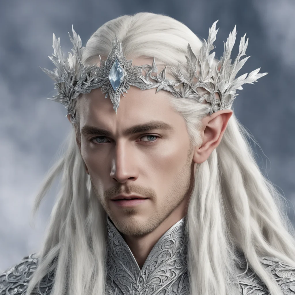 aiking thranduil with blond hair and braids wearing large silver flowers encrusted with diamonds to form silver elvish circlet with large center diamond good looking trending fantastic 1