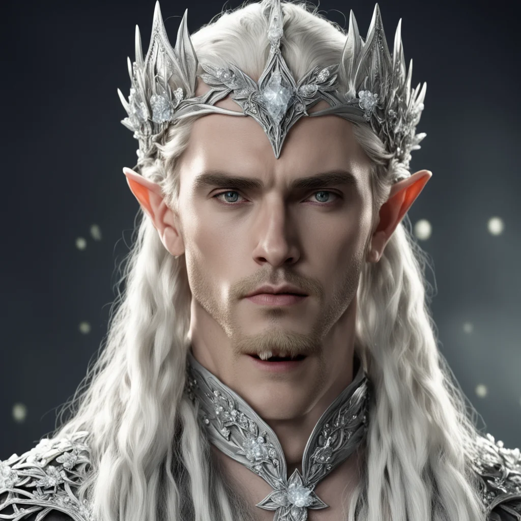king thranduil with blond hair and braids wearing large silver flowers encrusted with diamonds to form silver elvish circlet with large center diamond