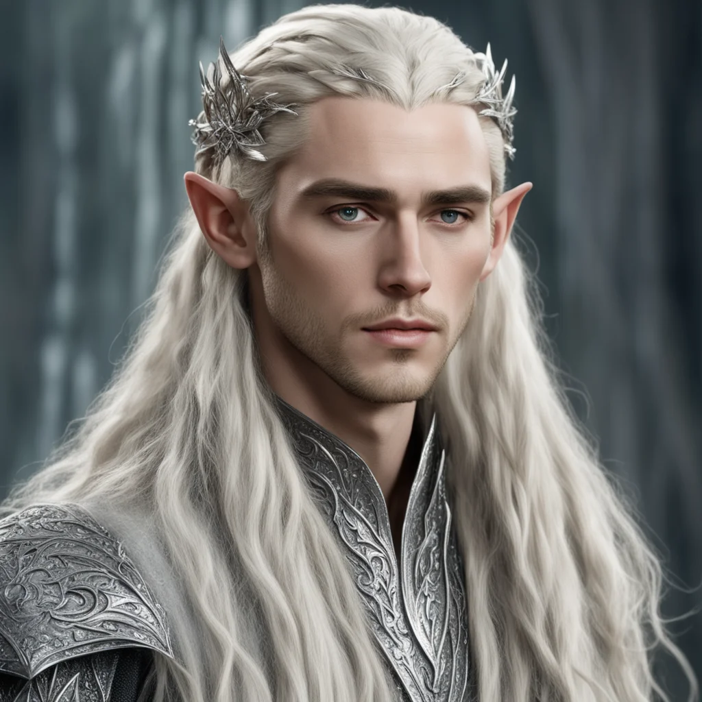 aiking thranduil with blond hair and braids wearing large silver leaf elvish hair forks encrusted with diamonds that is connected to large center diamond amazing awesome portrait 2
