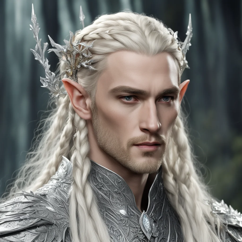 aiking thranduil with blond hair and braids wearing large silver leaf elvish hair forks encrusted with diamonds that is connected to large center diamond confident engaging wow artstation art 3