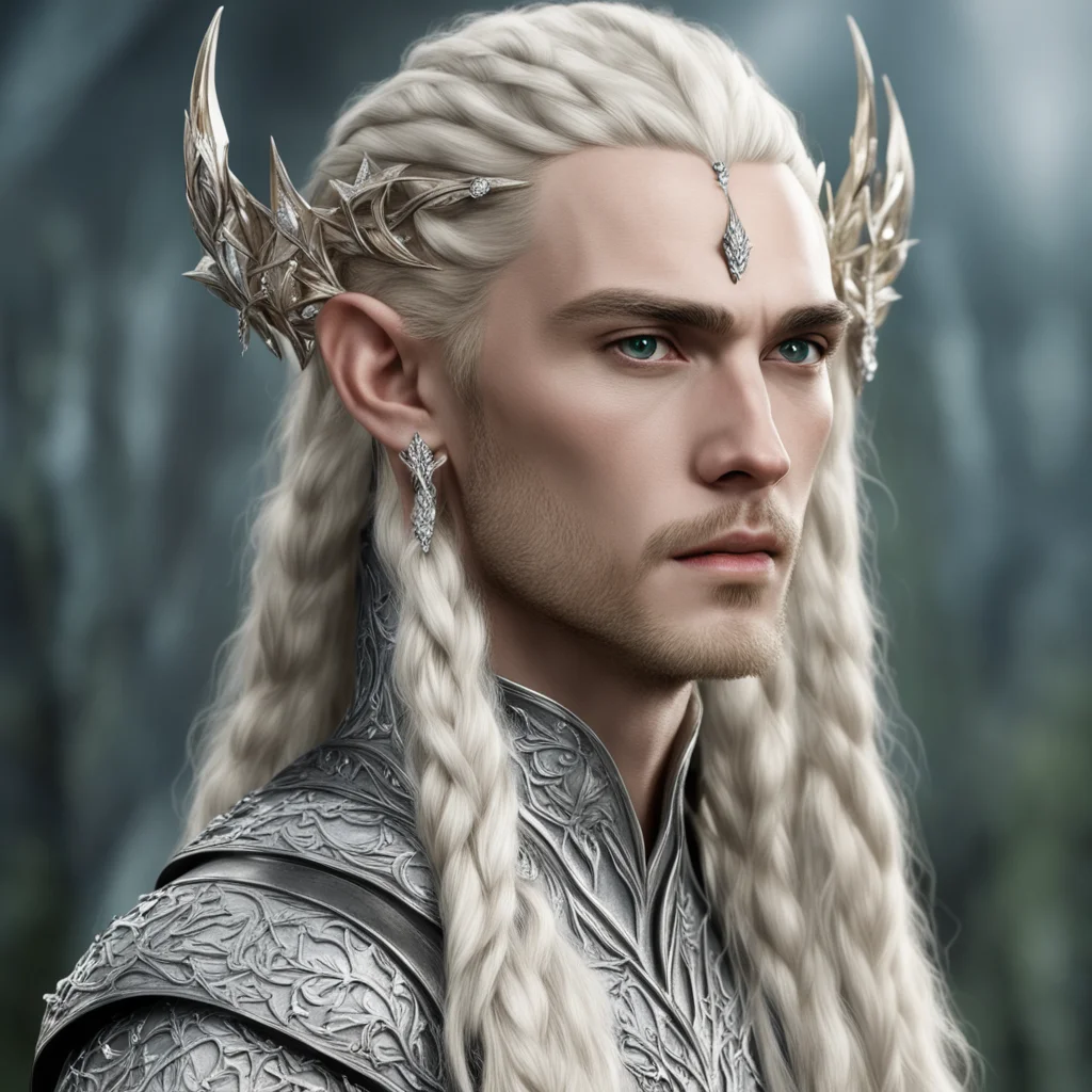 aiking thranduil with blond hair and braids wearing large silver leaf elvish hair forks encrusted with diamonds that is connected to large center diamond good looking trending fantastic 1