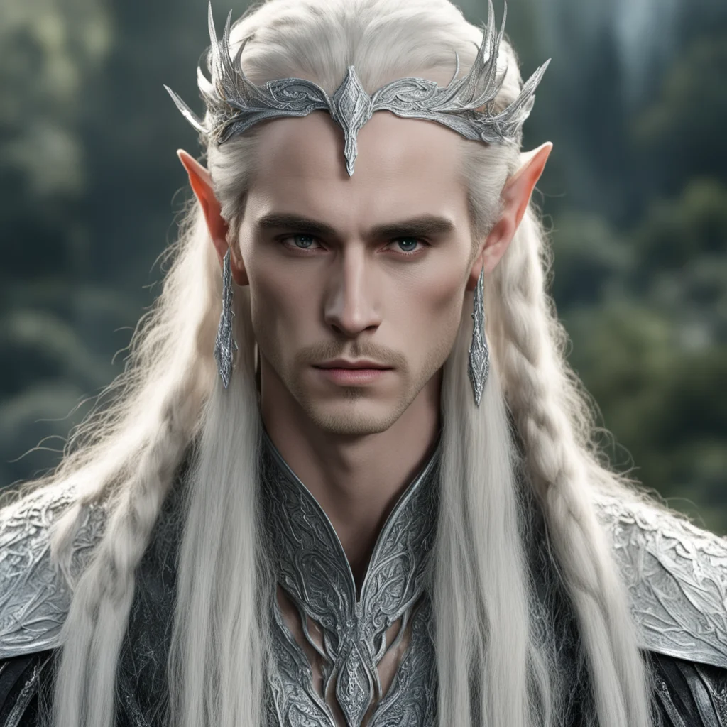aiking thranduil with blond hair and braids wearing large silver leaf elvish hair forks encrusted with diamonds that is connected to large center diamond