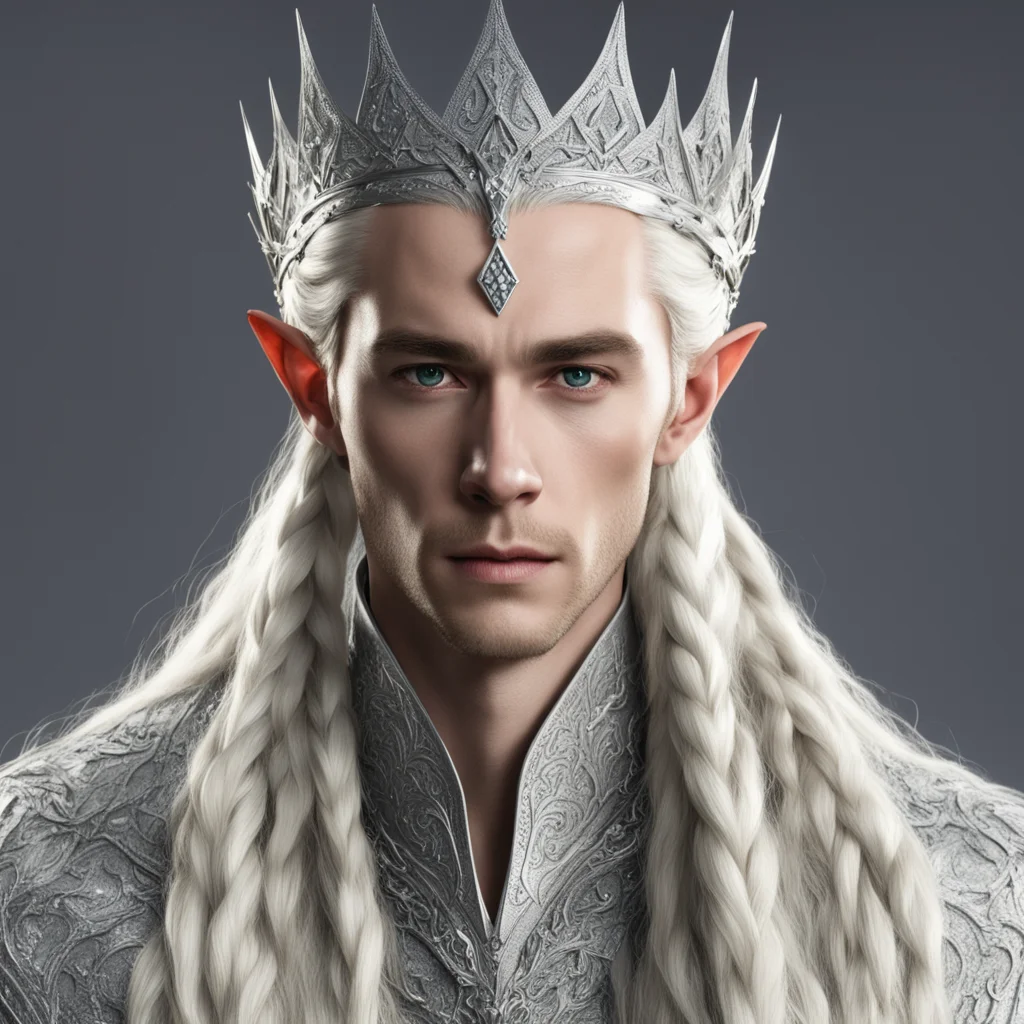 king thranduil with blond hair and braids wearing large silver nandorin elvish crown with large diamonds  amazing awesome portrait 2