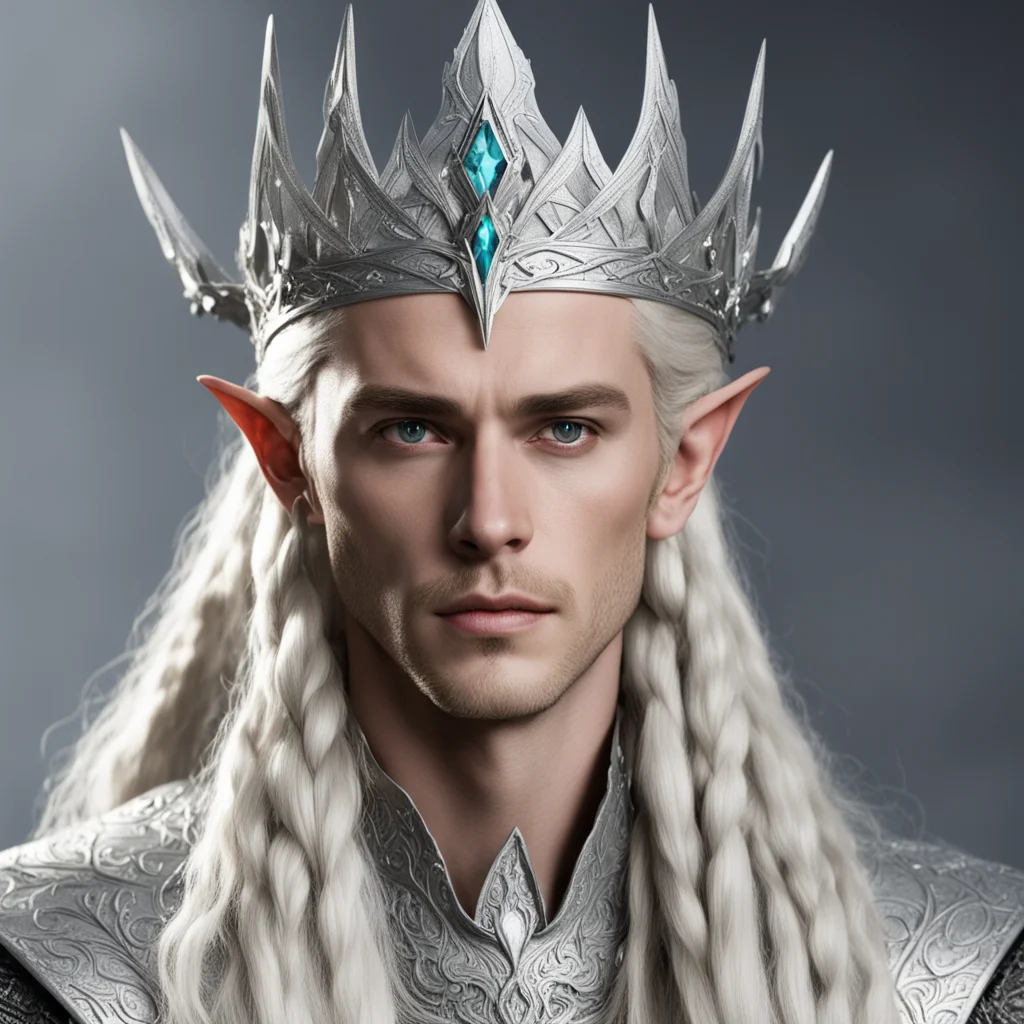 aiking thranduil with blond hair and braids wearing large silver nandorin elvish crown with large diamonds  confident engaging wow artstation art 3