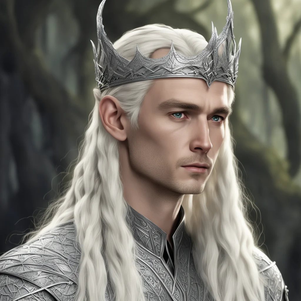 aiking thranduil with blond hair and braids wearing large silver nandorin elvish crown with large diamonds  good looking trending fantastic 1