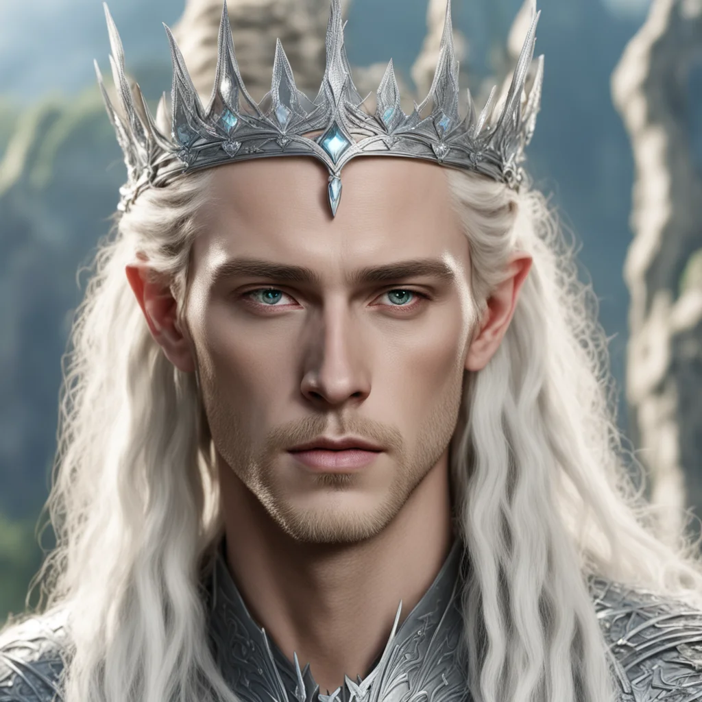 aiking thranduil with blond hair and braids wearing large silver nandorin elvish crown with large diamonds amazing awesome portrait 2