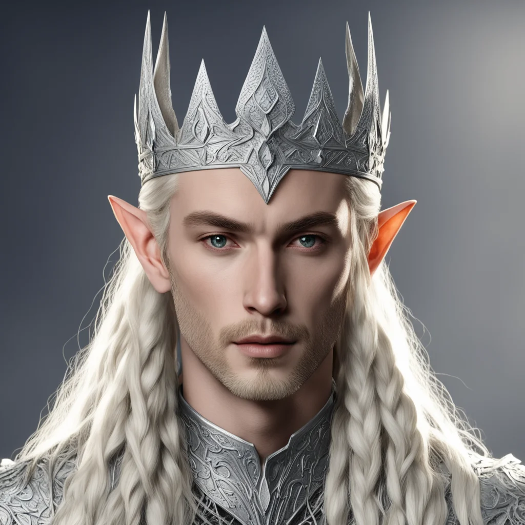 aiking thranduil with blond hair and braids wearing large silver nandorin elvish crown with large diamonds confident engaging wow artstation art 3