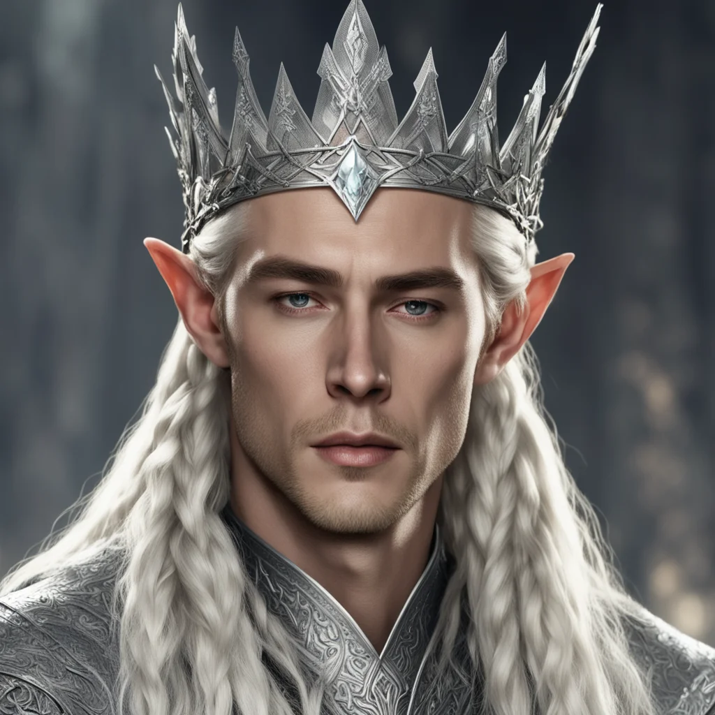 aiking thranduil with blond hair and braids wearing large silver nandorin elvish crown with large diamonds good looking trending fantastic 1