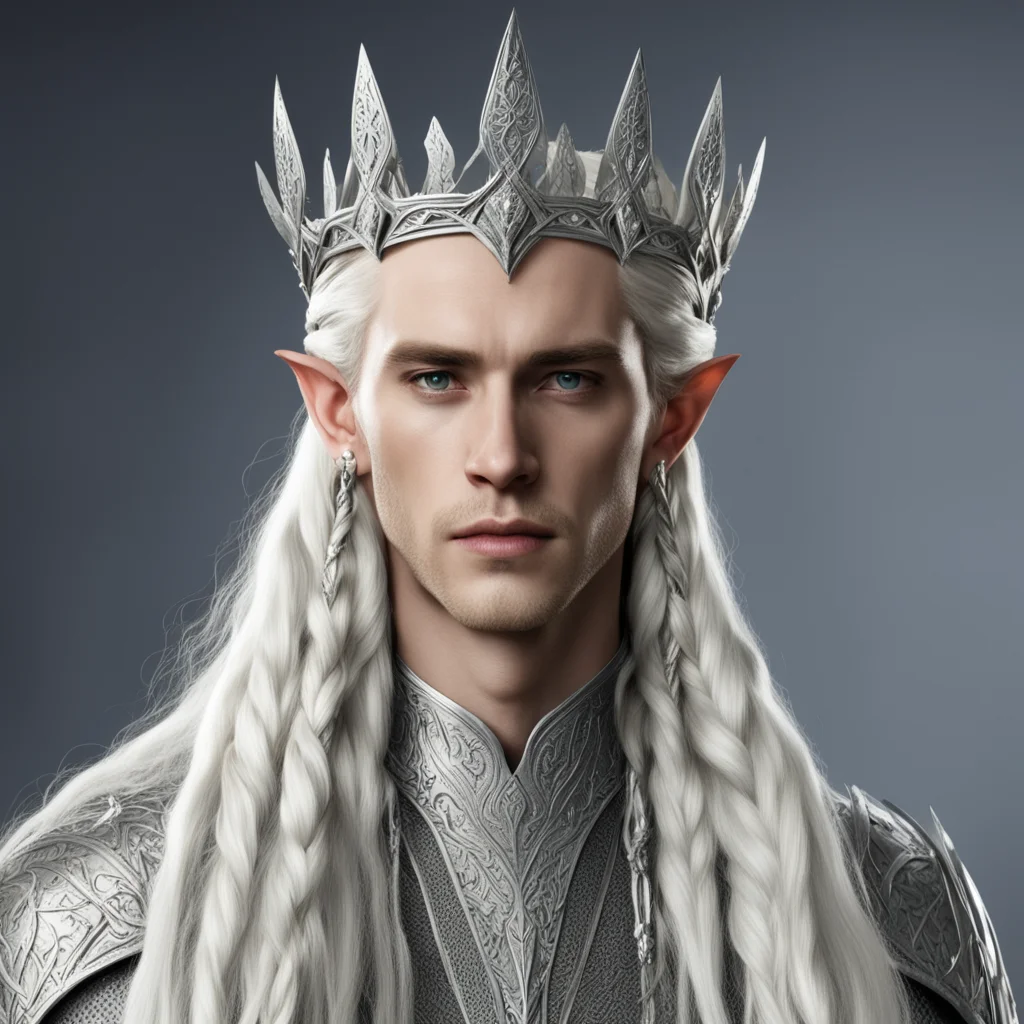 king thranduil with blond hair and braids wearing large silver nandorin elvish crown with large diamonds
