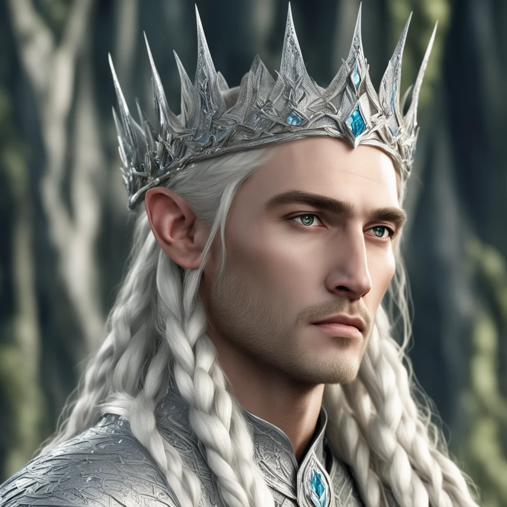 aiking thranduil with blond hair and braids wearing large silver sindarin crown with large diamonds amazing awesome portrait 2