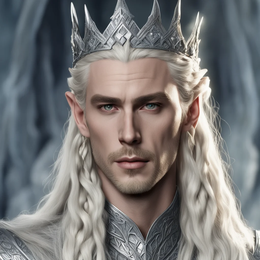 aiking thranduil with blond hair and braids wearing large silver sindarin crown with large diamonds confident engaging wow artstation art 3