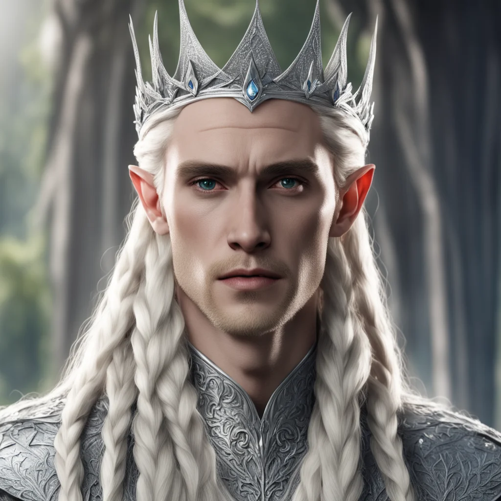 aiking thranduil with blond hair and braids wearing large silver sindarin crown with large diamonds