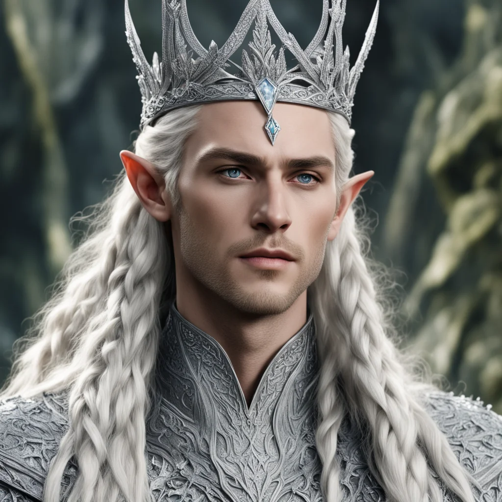 aiking thranduil with blond hair and braids wearing large silver sindarin elvish crown encrusted with diamonds with large center diamond amazing awesome portrait 2
