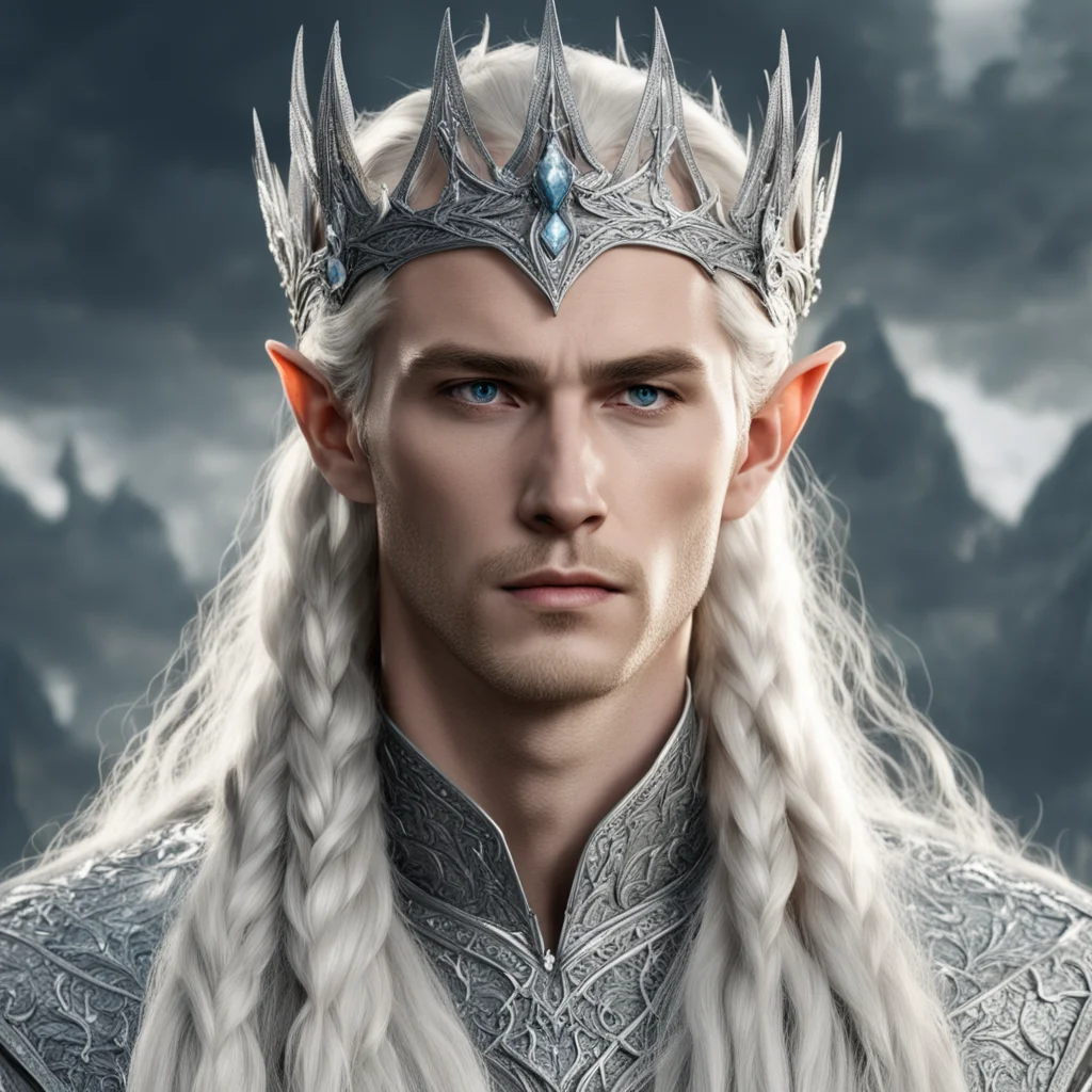 aiking thranduil with blond hair and braids wearing large silver sindarin elvish crown encrusted with diamonds with large center diamond confident engaging wow artstation art 3