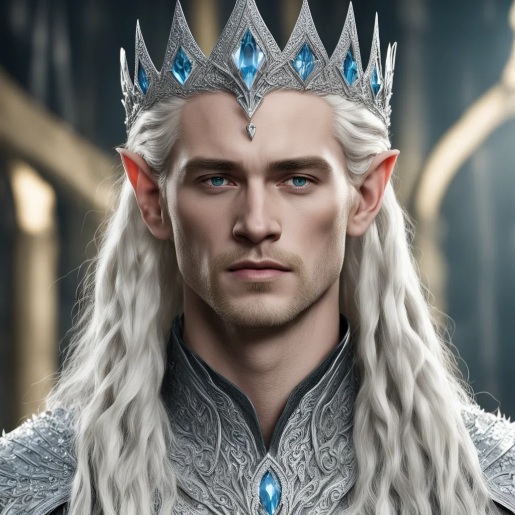 aiking thranduil with blond hair and braids wearing large silver sindarin elvish crown encrusted with diamonds with large center diamond good looking trending fantastic 1