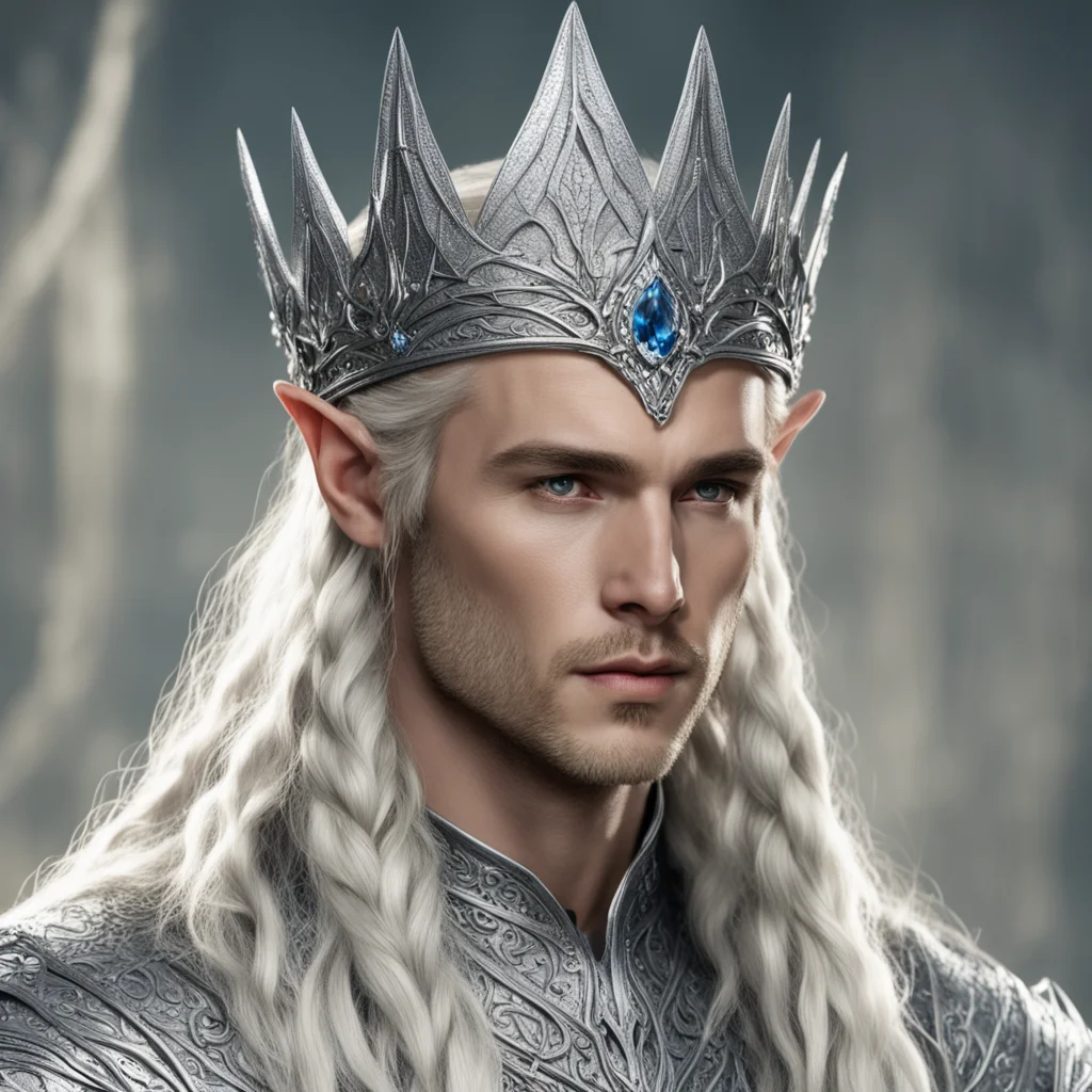 king thranduil with blond hair and braids wearing large silver sindarin elvish crown encrusted with diamonds with large center diamond