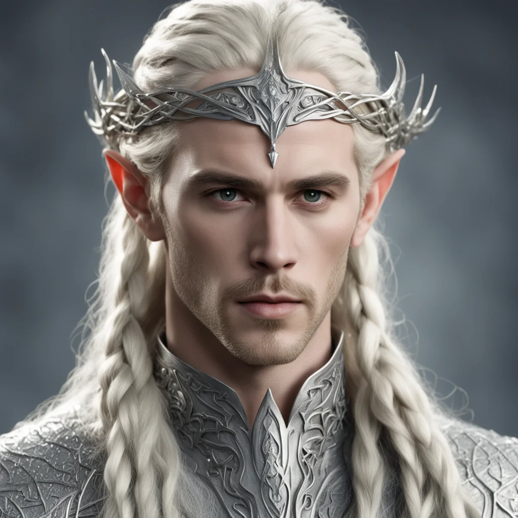 king thranduil with blond hair and braids wearing large silver twisted serpentine elvish circlet with large center diamond