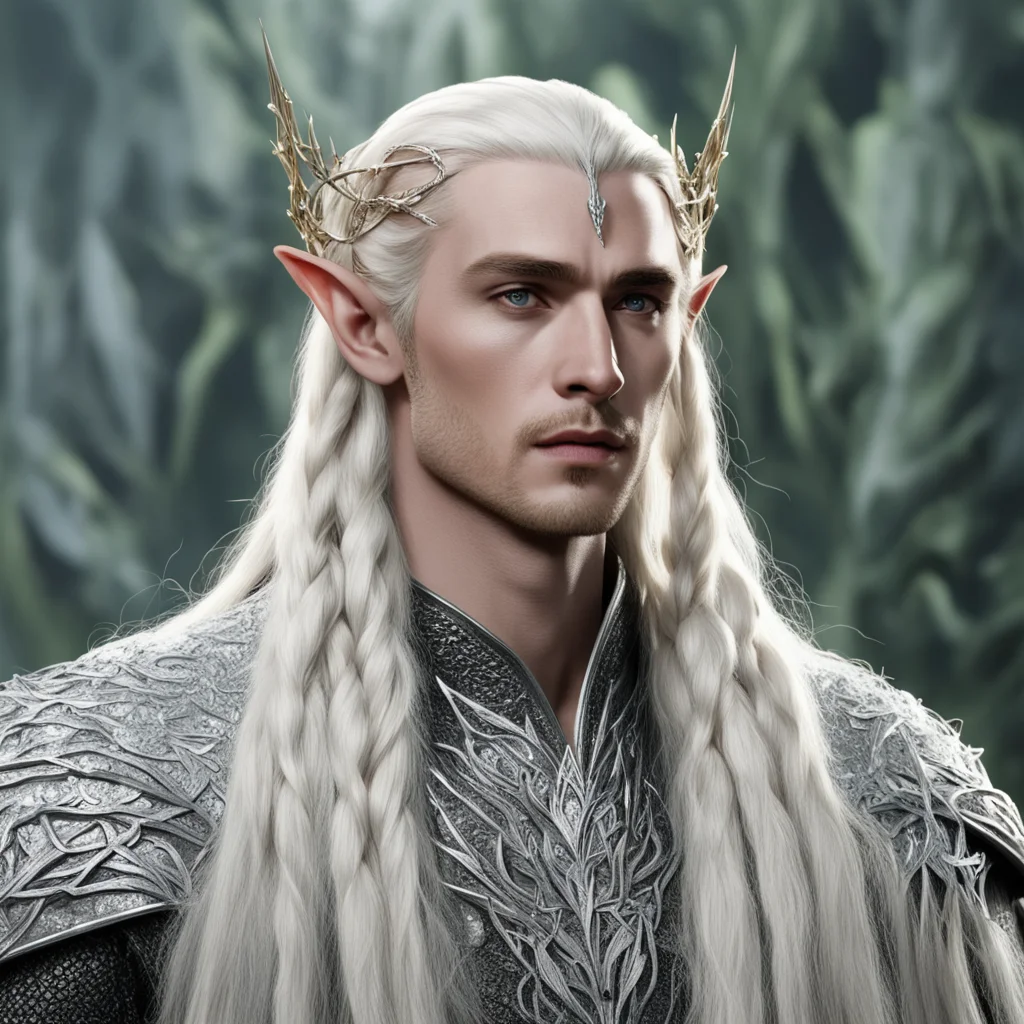 aiking thranduil with blond hair and braids wearing large silver vine elvish hair forks encrusted with large diamonds connected to large center diamond amazing awesome portrait 2