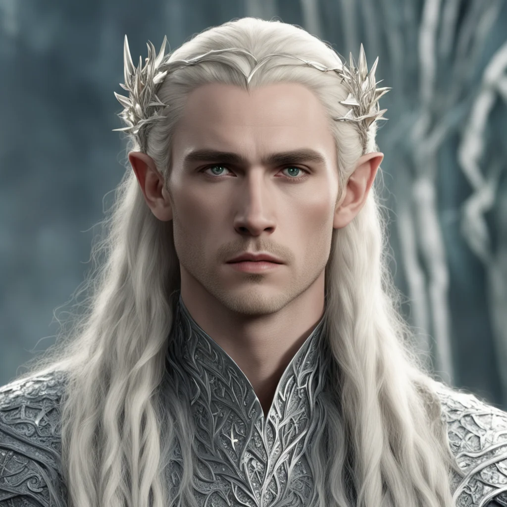 aiking thranduil with blond hair and braids wearing large silver vine elvish hair forks encrusted with large diamonds connected to large center diamond good looking trending fantastic 1